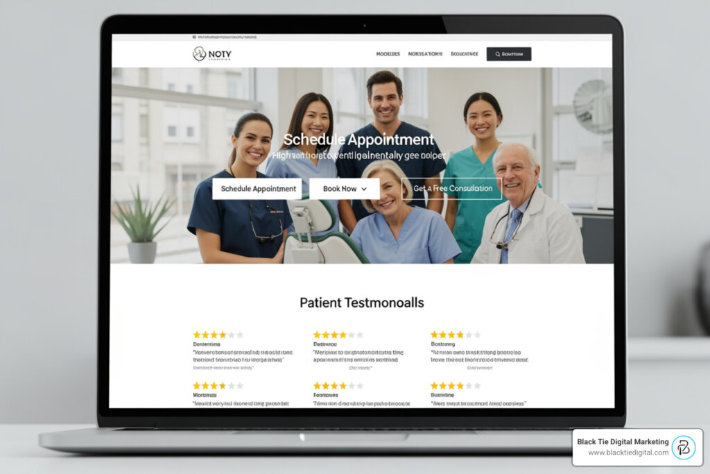 A high converting dental website layout featuring clear booking buttons and patient reviews